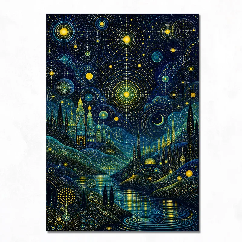 Yayoi kusama quadro moderno castello fantastico notturno stellato