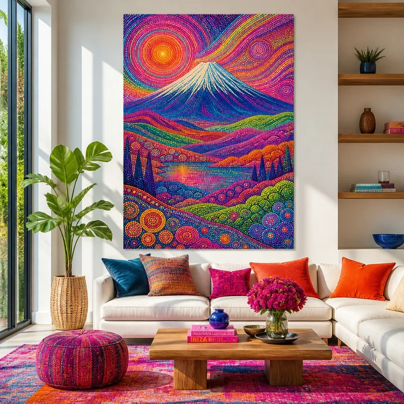 Yayoi kusama quadro su tela vista montanara vibrante