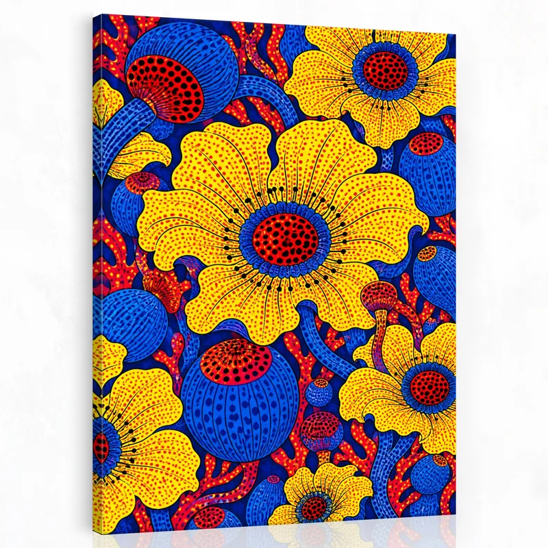 Yayoi kusama quadro moderno astrazione floreale gialla e blu