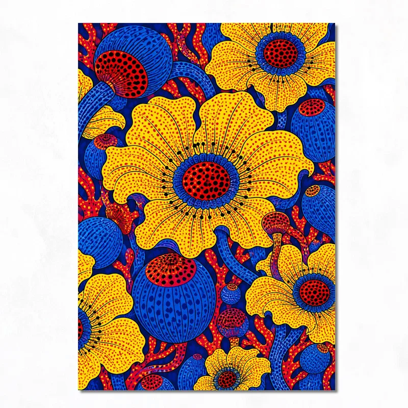 Yayoi kusama kunstdruck ausdrucksstarke gelbe und blaue florale abstraktion
