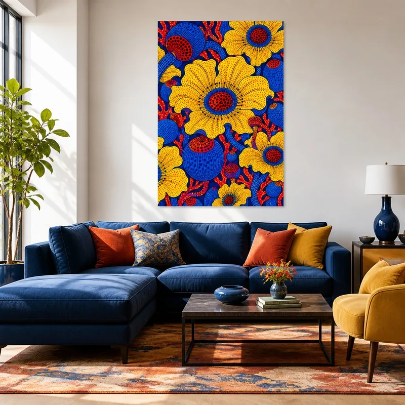 Yayoi kusama kunstdruck ausdrucksstarke gelbe und blaue florale abstraktion