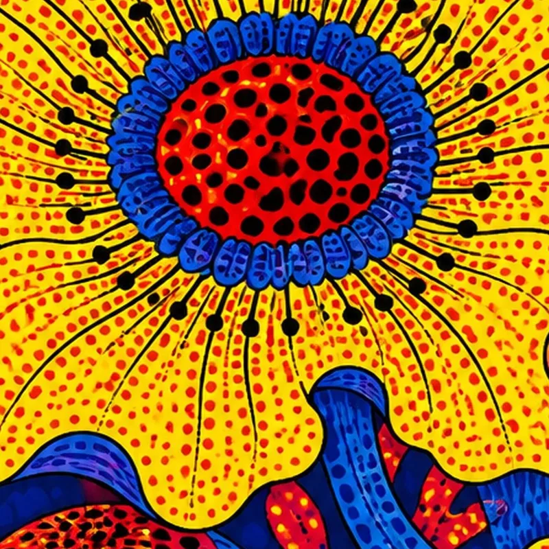 Yayoi kusama kunstdruck ausdrucksstarke gelbe und blaue florale abstraktion