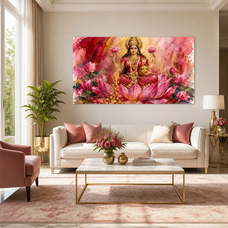 Toile artistique lotus divin avec accents dorés