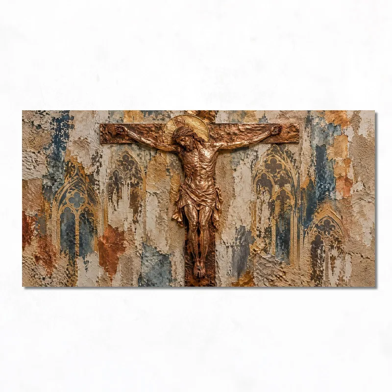 Crocifissione in Bronzo su Parete Gotica Antica quadro su tela