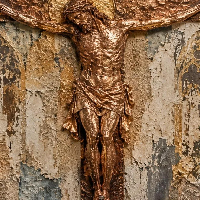 Crocifissione in Bronzo su Parete Gotica Antica quadro su tela