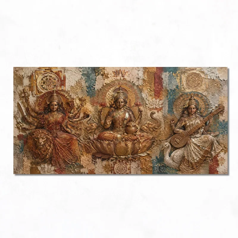 Quadro su tela rilievo triplo di divinità indù