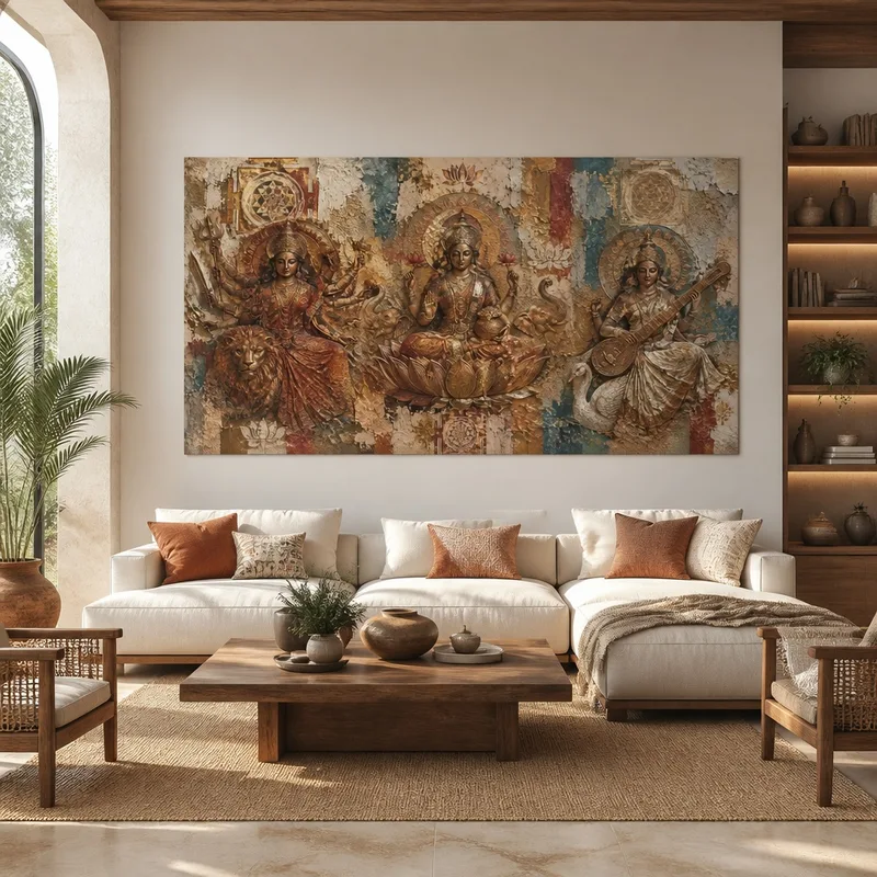 Quadro su tela rilievo triplo di divinità indù