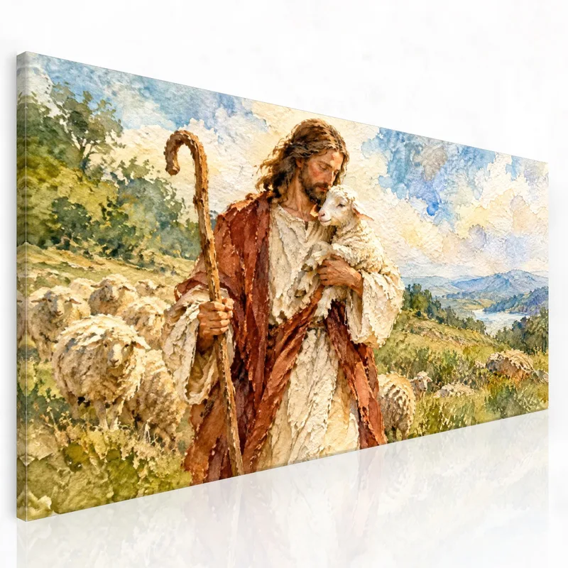 Impression sur toile berger avec agneau scène pastorale