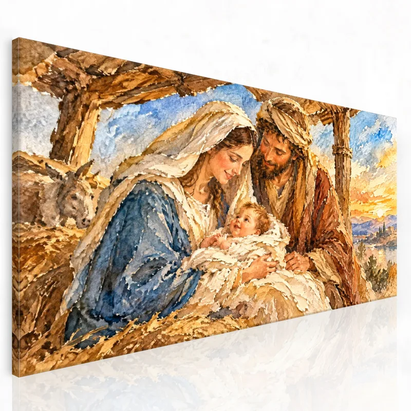 Toile artistique sainte famille dans une scène de nativité