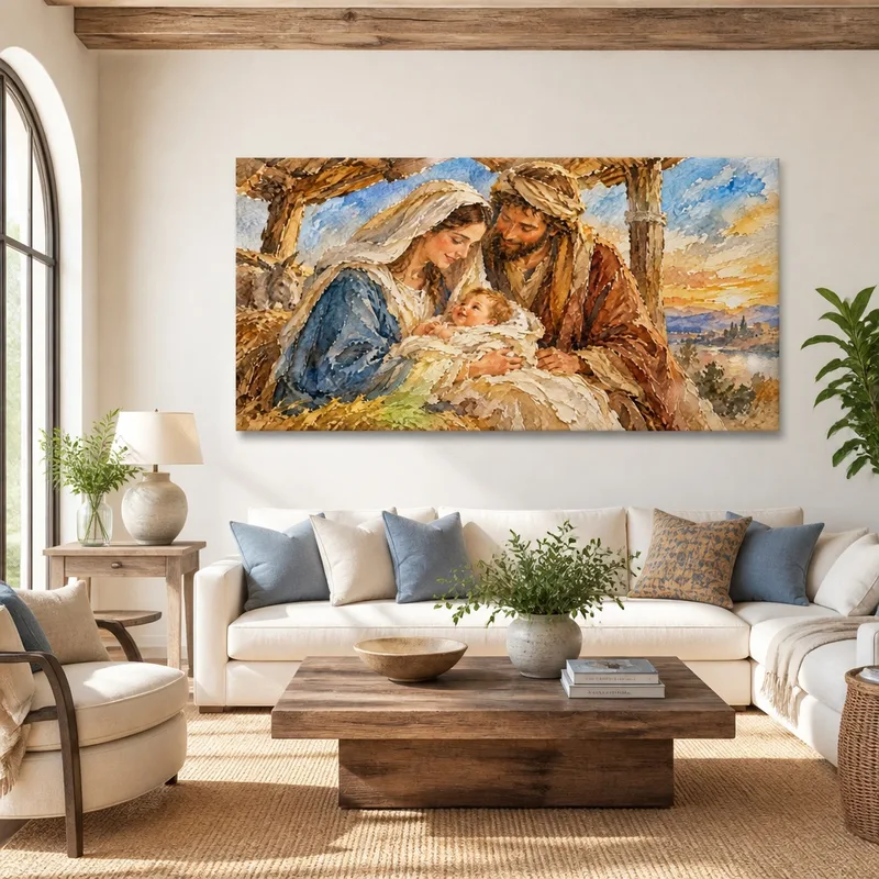 Quadro moderno sacra famiglia in presepe