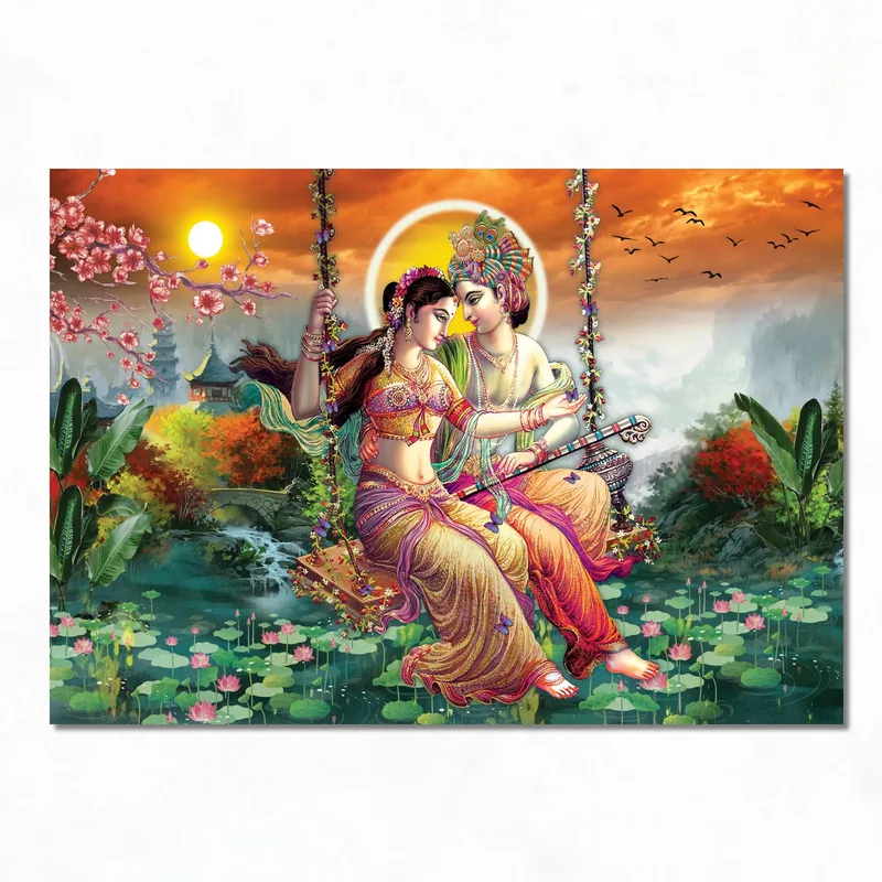 Canvas art print krishna and radha love swing scene