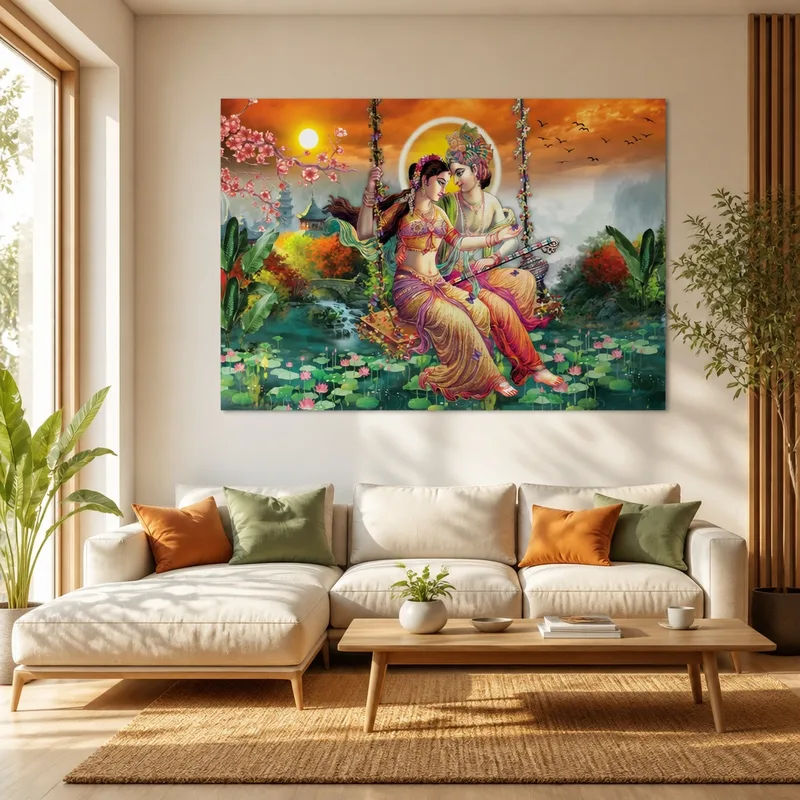 Canvas art print krishna and radha love swing scene