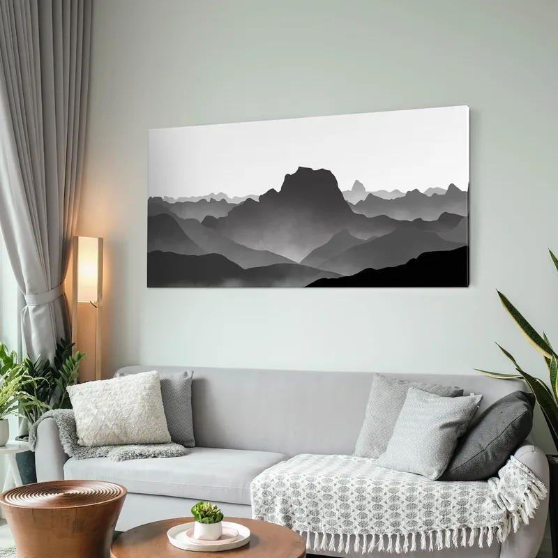 Abstract Landscape Painting. Minimalist Gray Foggy Mountainous Landscape