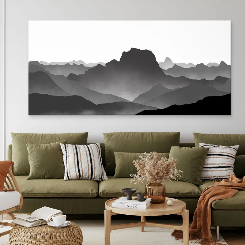 Abstract Landscape Painting. Minimalist Gray Foggy Mountainous Landscape