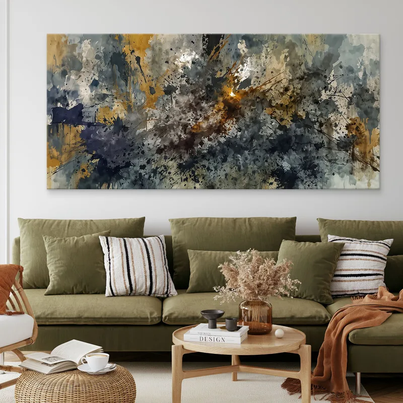 Painting Of Abstract Shapes Explosion Of Yellow Blue Gray Colors