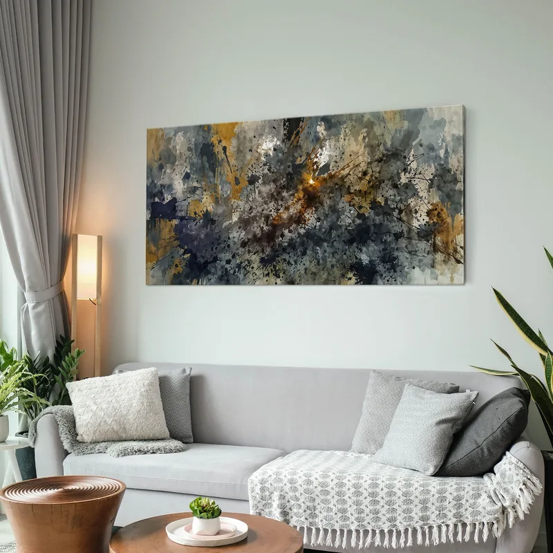 Painting Of Abstract Shapes Explosion Of Yellow Blue Gray Colors