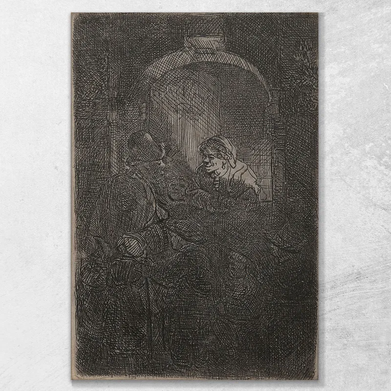 Frau An Einer Lukentür Im Gespräch Mit Einem Mann Und Kindern Der Schulmeister Rembrandt van Rijn