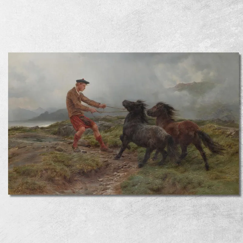 Un Guardabosques Y Dos Ponis De Shetland En Un Paisaje Brumoso Rosa Bonheur cuadro en lienzo