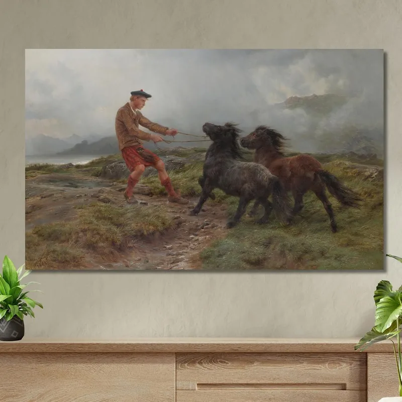 Un Guardabosques Y Dos Ponis De Shetland En Un Paisaje Brumoso Rosa Bonheur