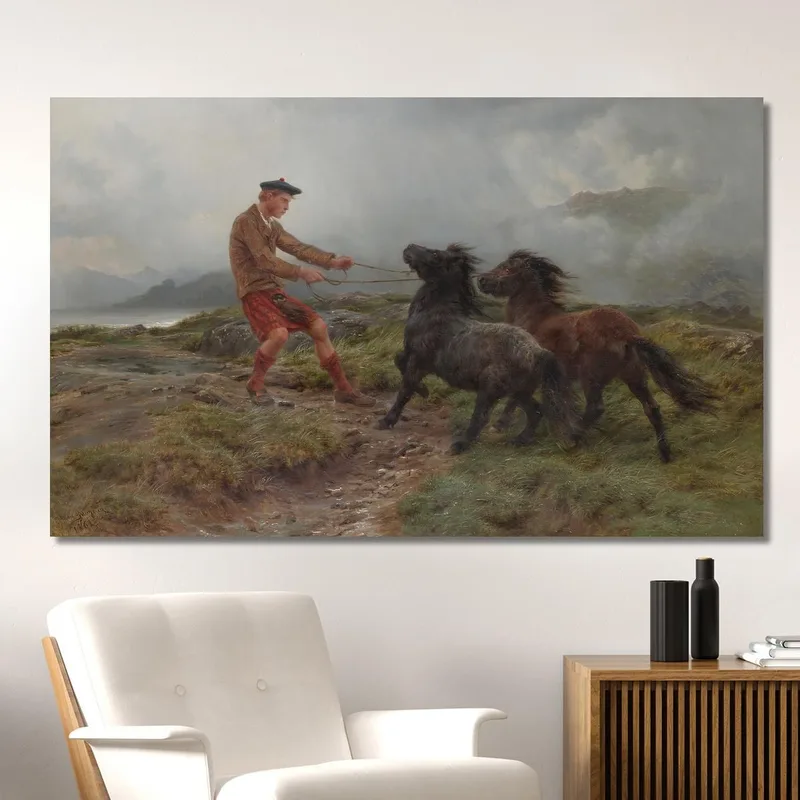 Un Guardabosques Y Dos Ponis De Shetland En Un Paisaje Brumoso Rosa Bonheur