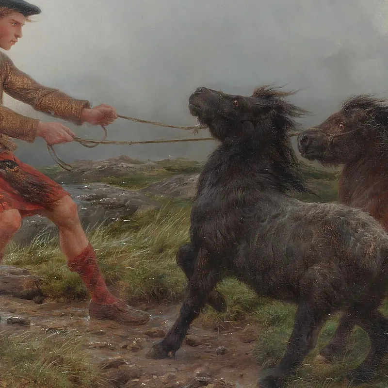 Un Guardabosques Y Dos Ponis De Shetland En Un Paisaje Brumoso Rosa Bonheur
