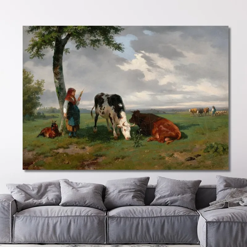 Bergère Et Deux Vaches Dans Un Pré Rosa Bonheur
