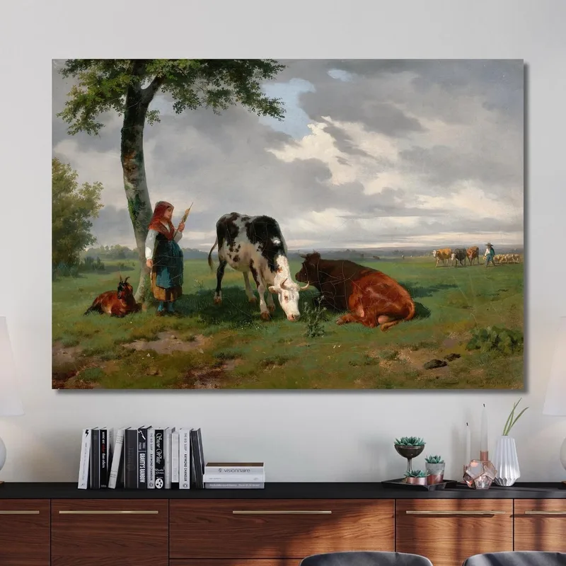 Bergère Et Deux Vaches Dans Un Pré Rosa Bonheur
