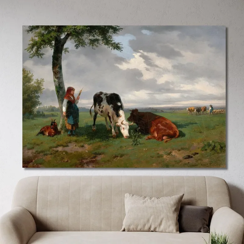 Bergère Et Deux Vaches Dans Un Pré Rosa Bonheur
