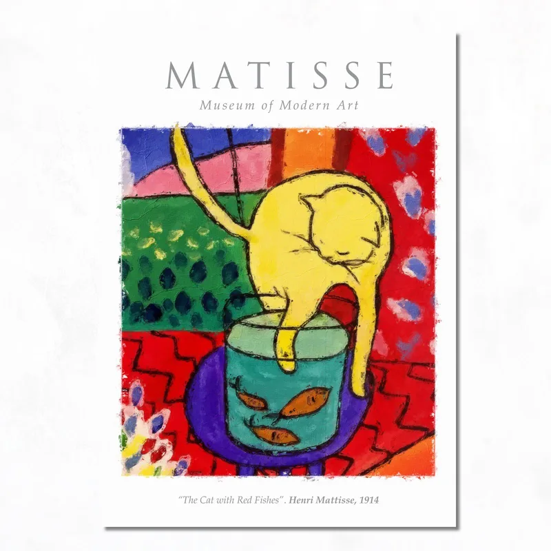 Toile artistique chat jaune avec poisson