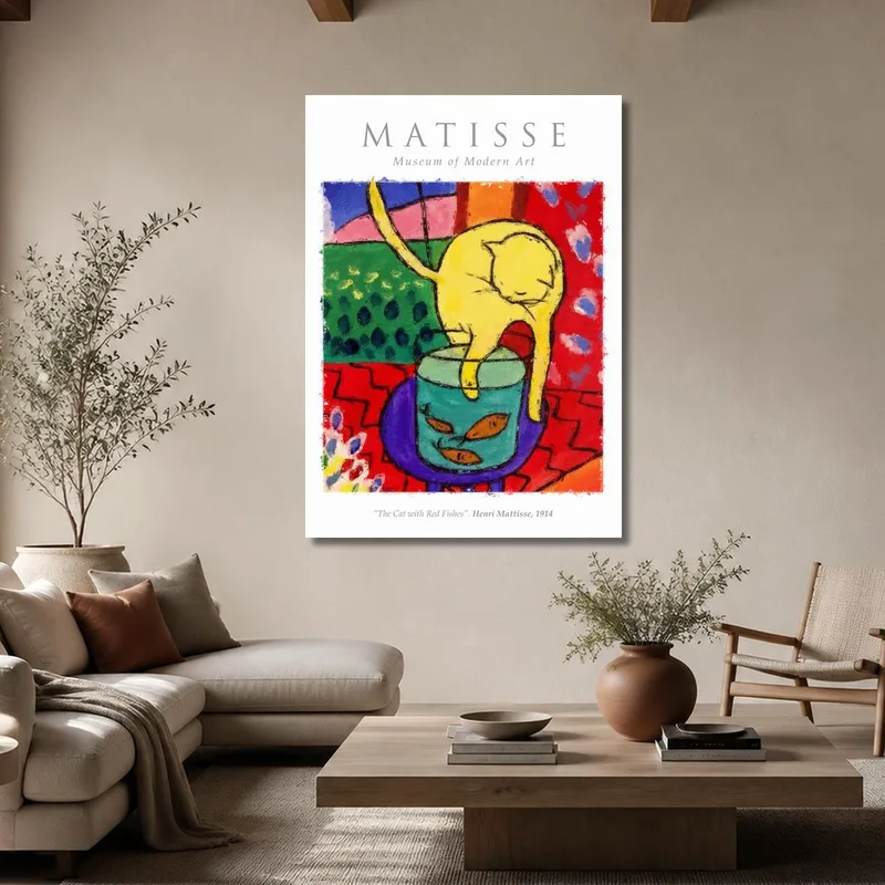 Toile artistique chat jaune avec poisson