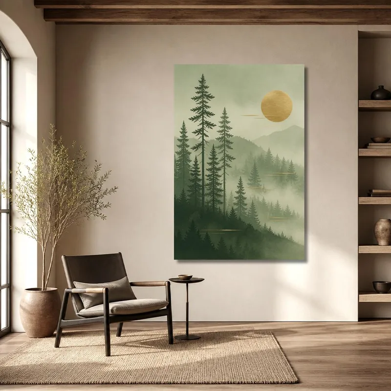 Quadro moderno foresta di pini illuminata dal sole dorato
