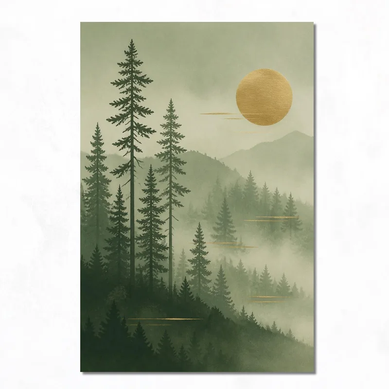 Quadro moderno foresta di pini illuminata dal sole dorato
