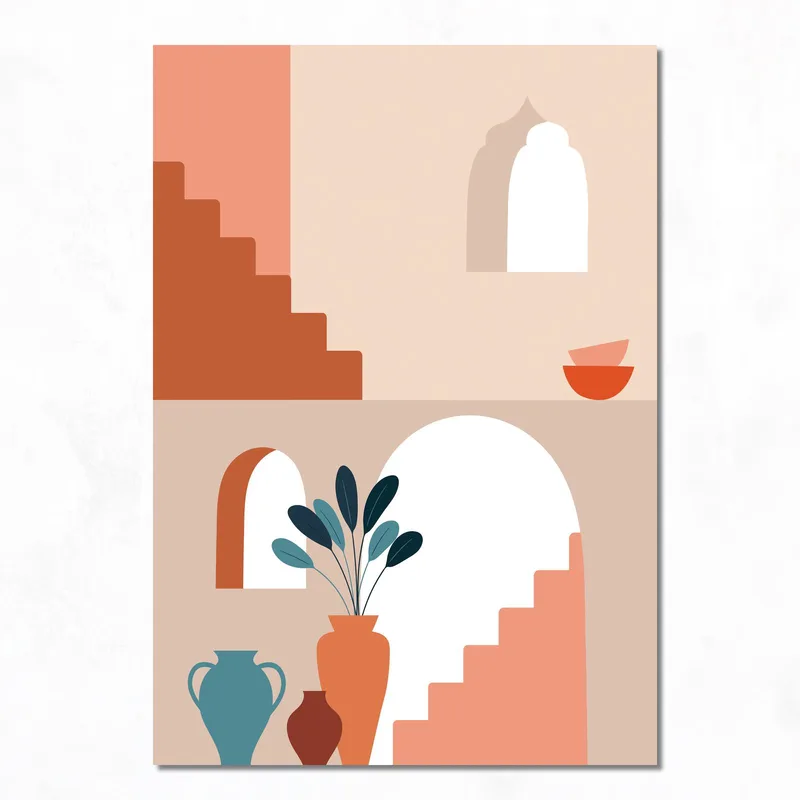 Toile artistique nature morte avec escalier et vase