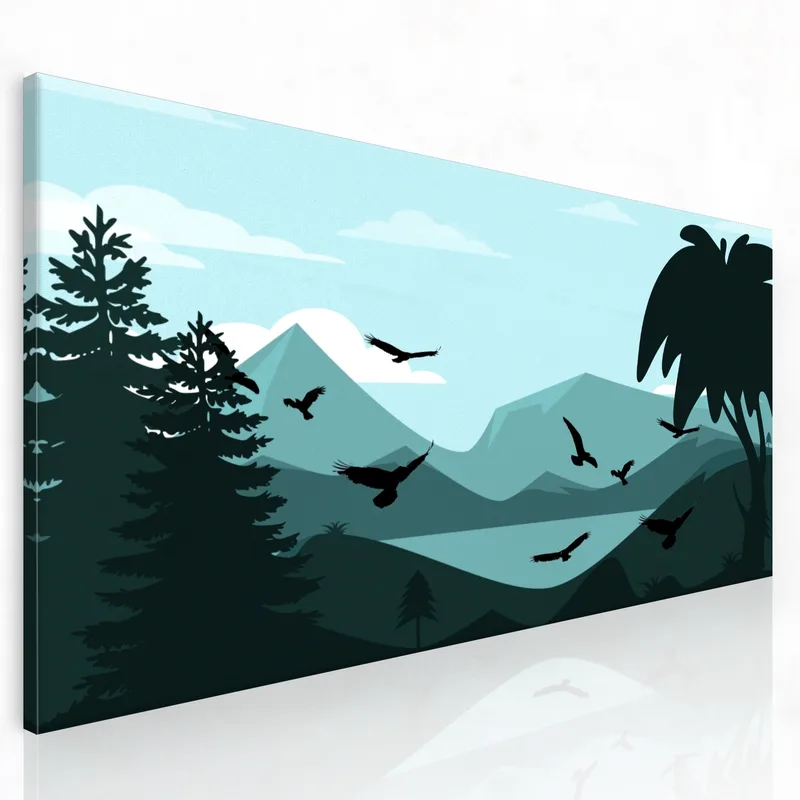 Berglandschaft mit schwebenden Adlern drucken auf leinwand