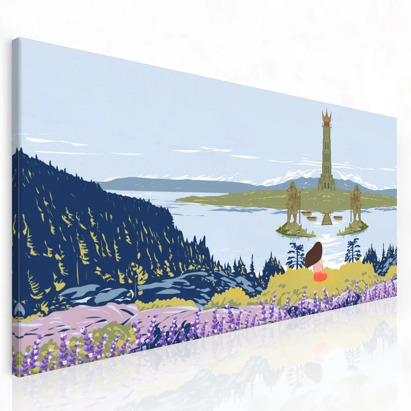 Leinwanddruck ruhige seenlandschaft mit statuen