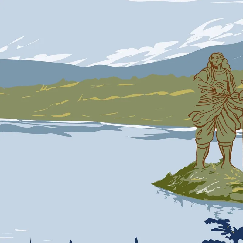 Leinwanddruck ruhige seenlandschaft mit statuen