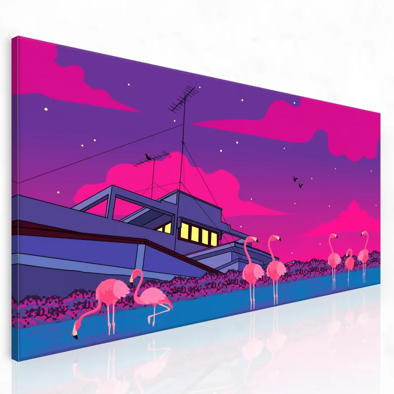 Kunstdruck pinke flamingos bei dämmerung