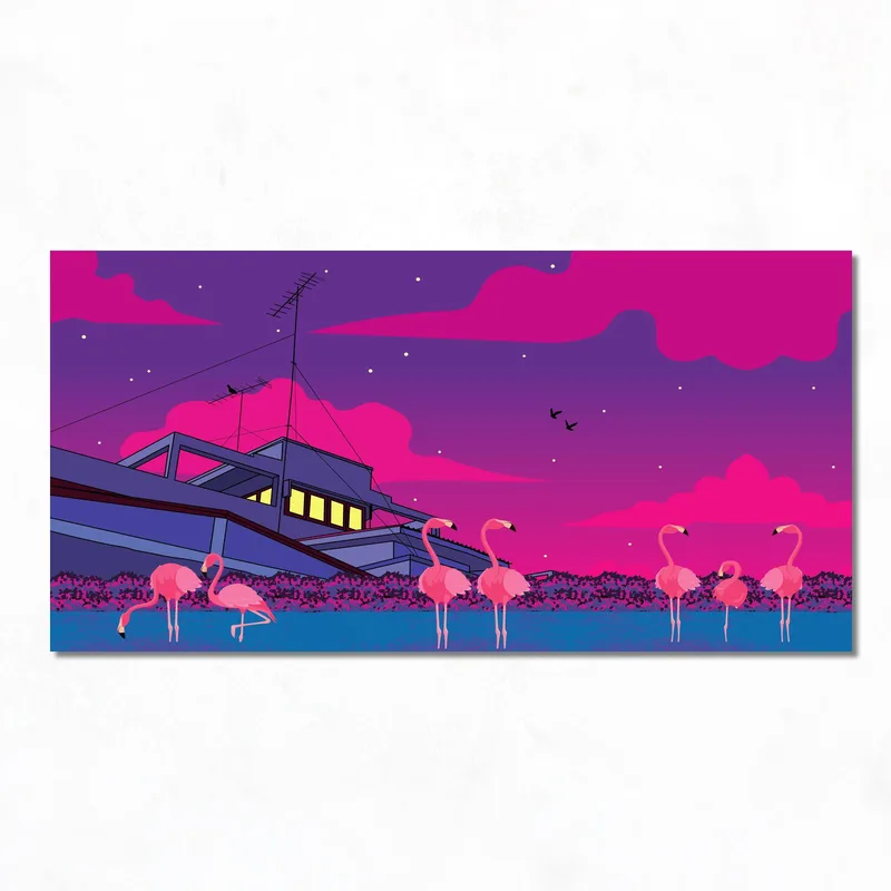 Kunstdruck pinke flamingos bei dämmerung