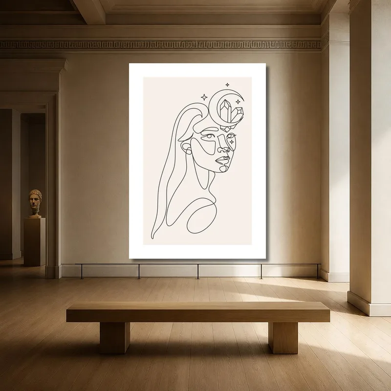 Arte lineal de mujer con luna y cristales cuadro en lienzo
