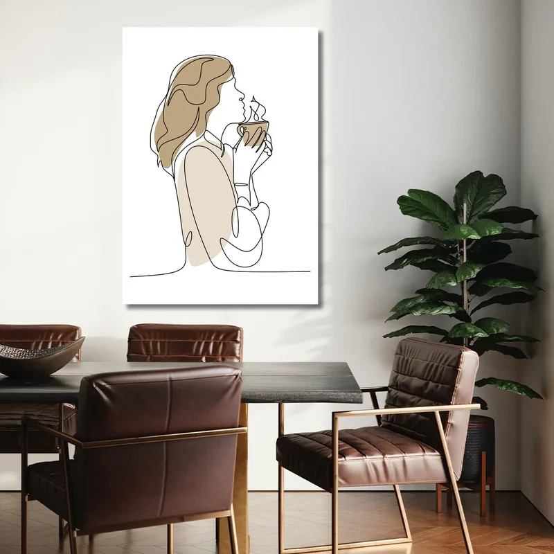 Quadro moderno donna minimalista con caffè
