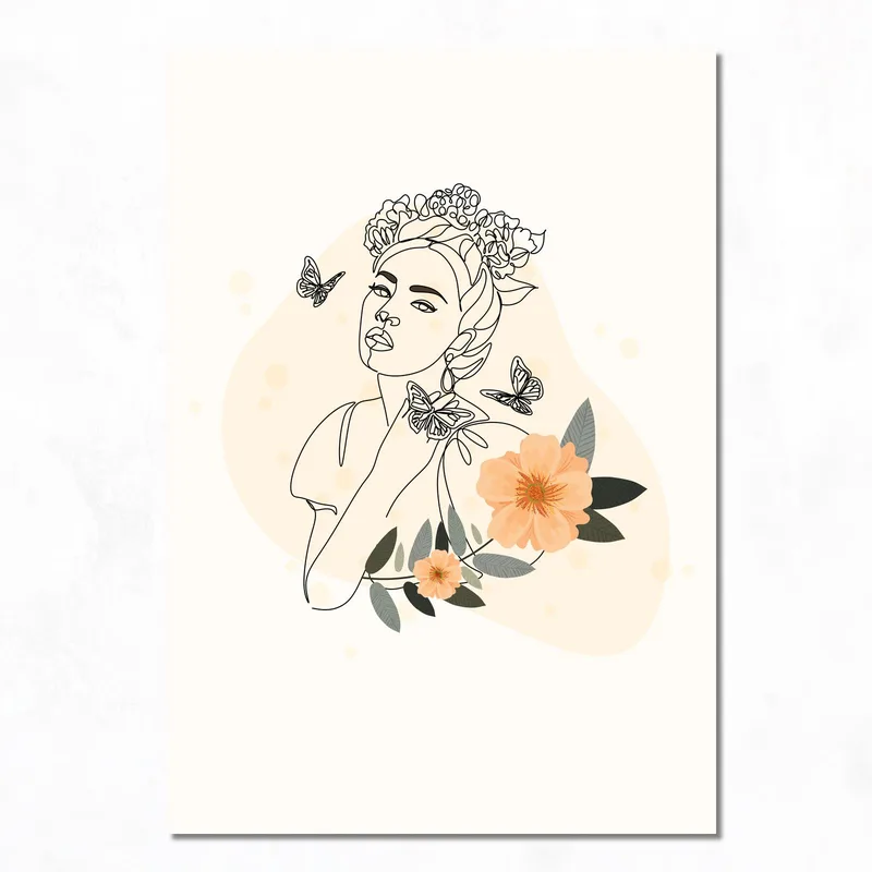 Arte lineal de mujer con flores y mariposas cuadro en lienzo