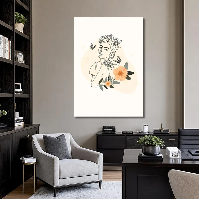 Arte lineal de mujer con flores y mariposas cuadro en lienzo