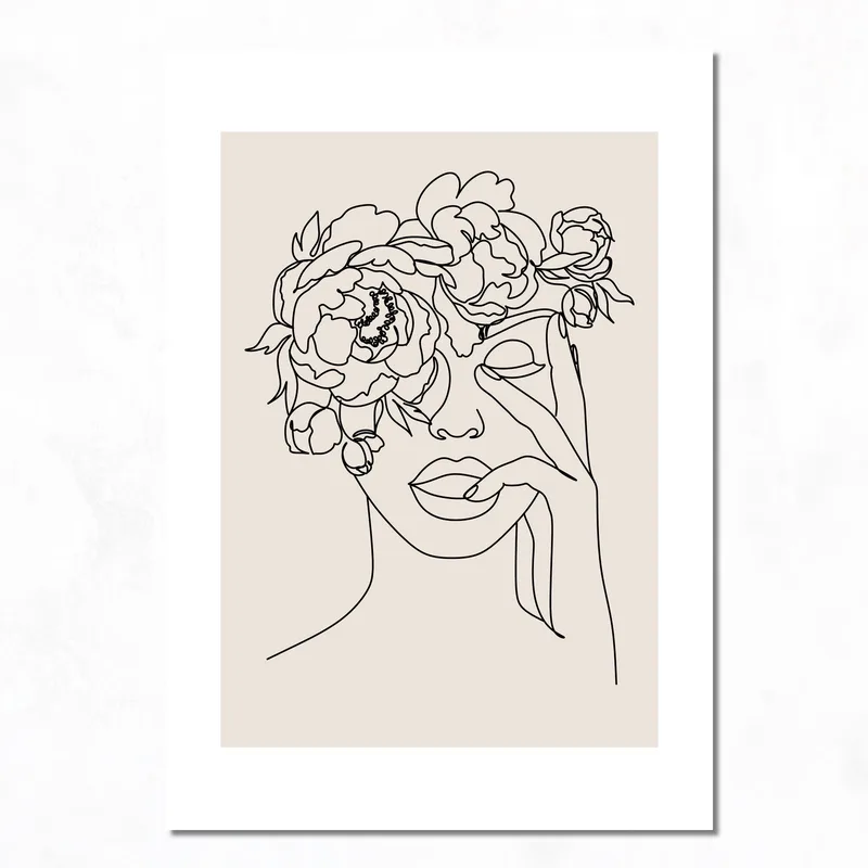 Quadro canvas arte lineare astratta di donna con decorazioni floreali