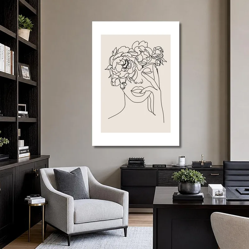 Quadro canvas arte lineare astratta di donna con decorazioni floreali