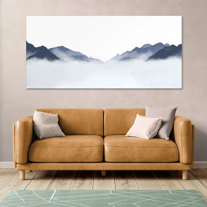 Abstract Landscape Painting Misty Mountainous Landscape Blue And White Minimalist