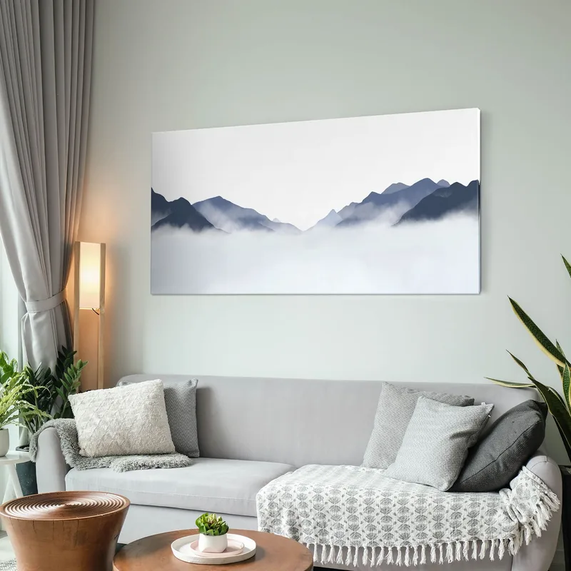 Abstract Landscape Painting Misty Mountainous Landscape Blue And White Minimalist