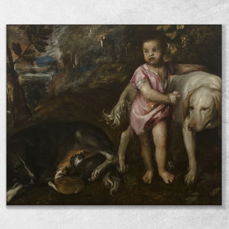 Junge Mit Hunden In Einer Landschaft Titian Tiziano Vecellio