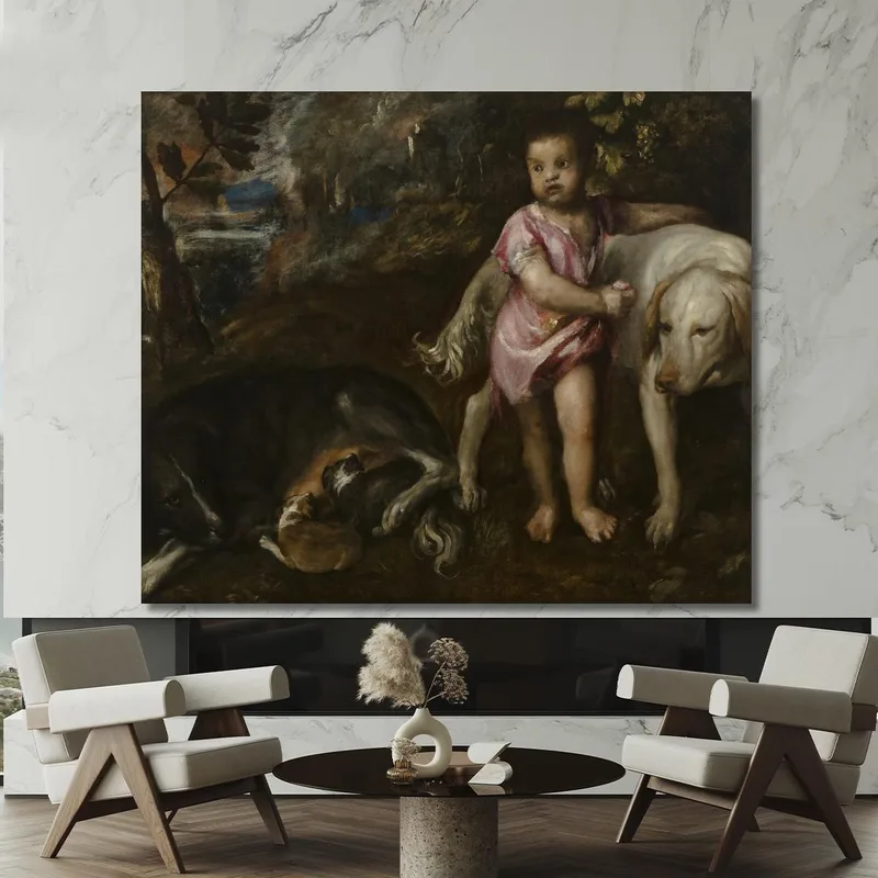 Junge Mit Hunden In Einer Landschaft Titian Tiziano Vecellio