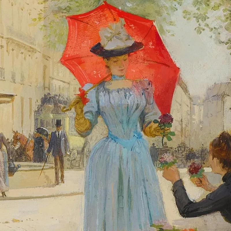 Joven Con Sombrilla Comprando Flores Victor Gabriel Gilbert