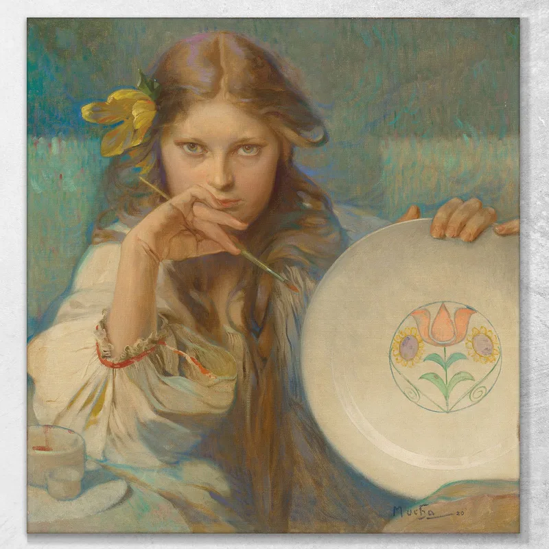 Fille Avec Une Assiette À Motif Folklorique Alphonse Mucha